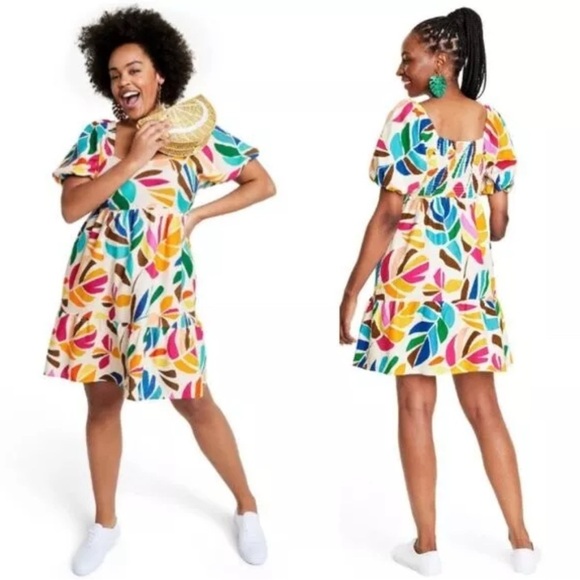 Tabitha Brown X Target Linen Blend Botanical Puff Sleeve Mini Dress Size M - Picture 9 of 9